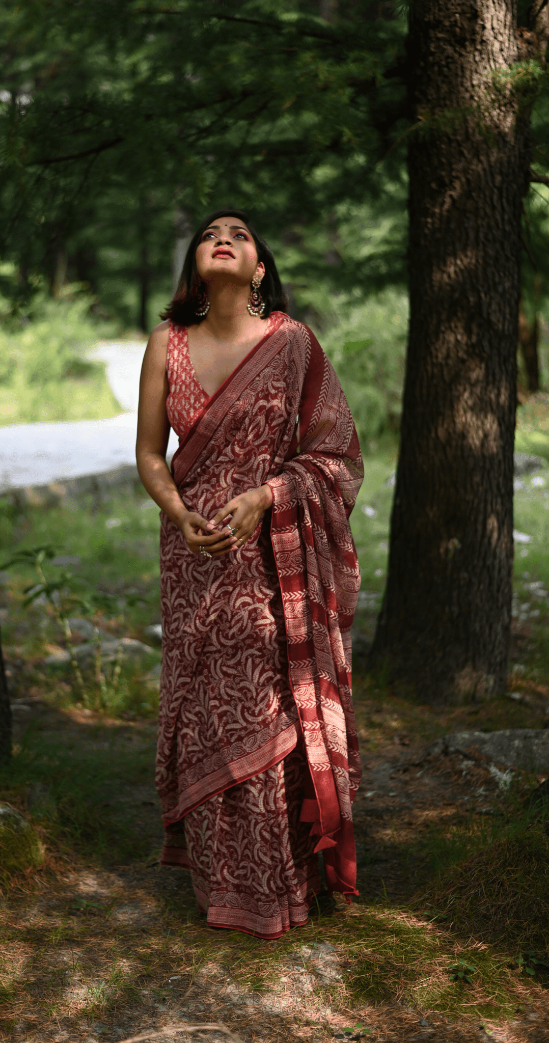 Maroon handprinted handwoven Kota doria saree - Mayin India 