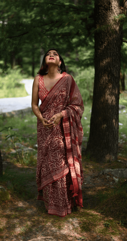 Maroon handprinted handwoven Kota doria saree - Mayin India 