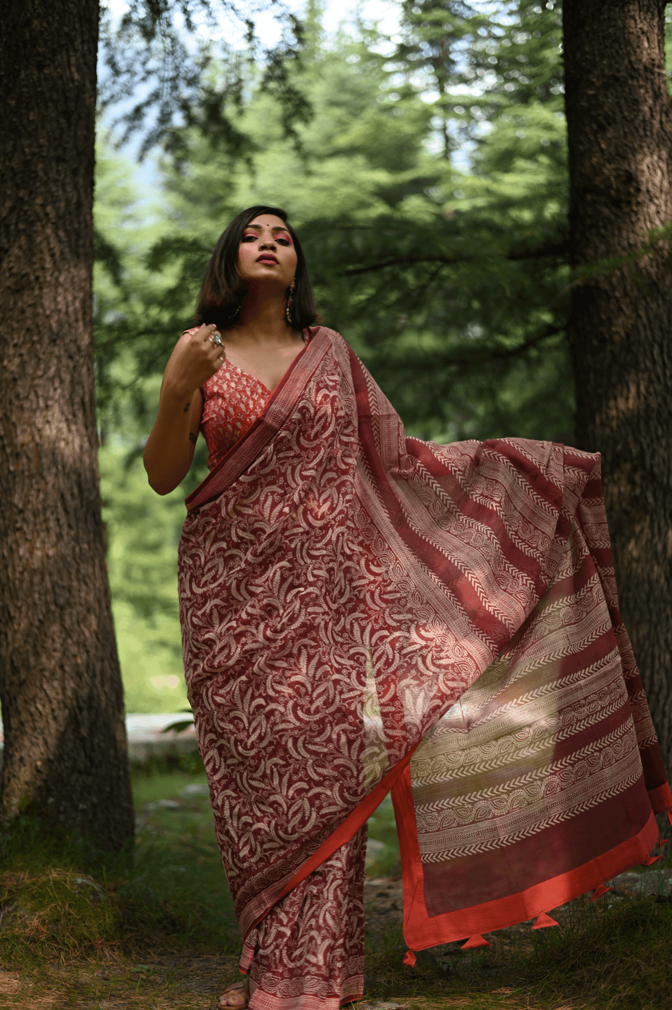 Maroon handprinted handwoven Kota doria saree - Mayin India 