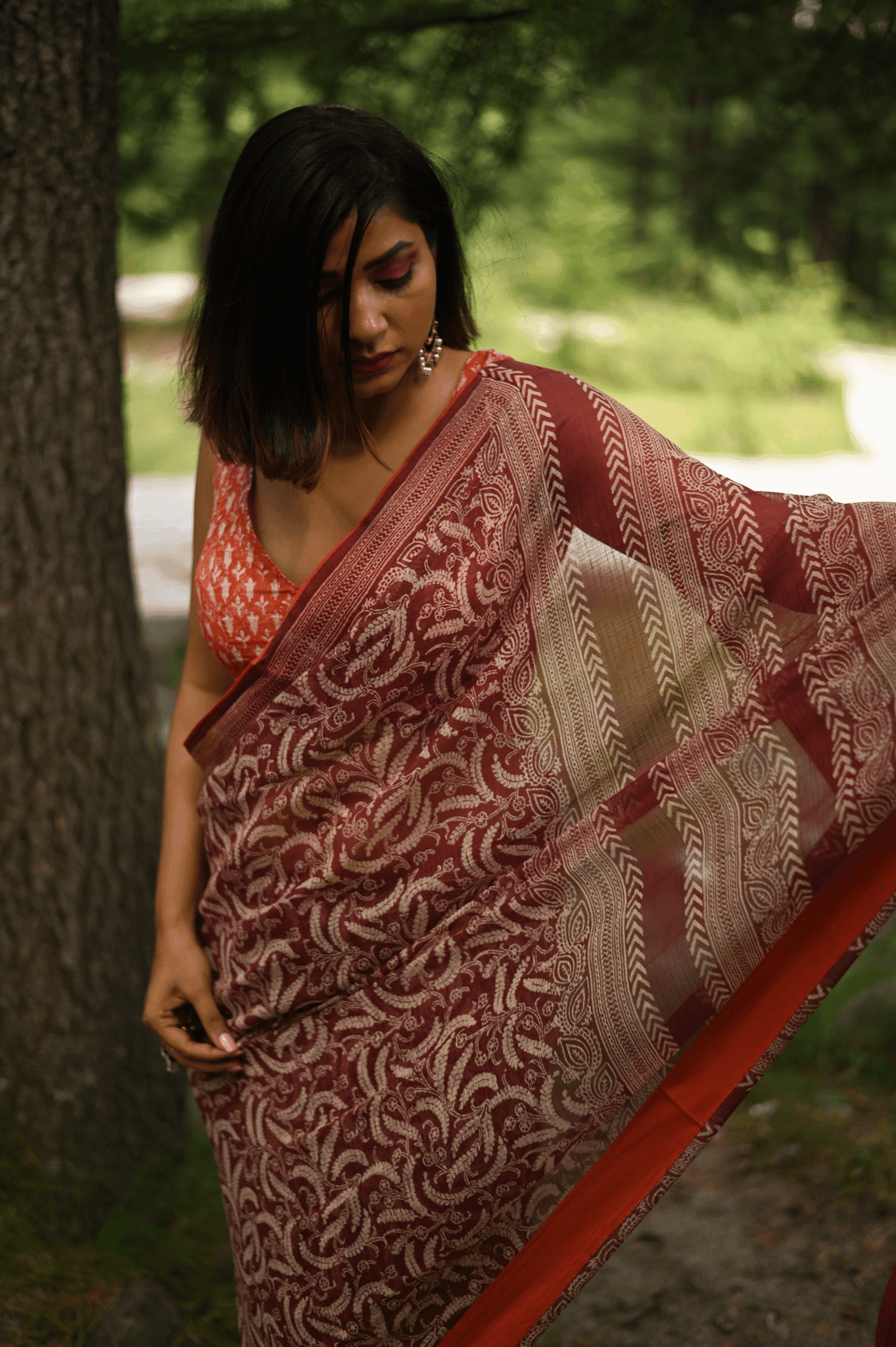 Maroon handprinted handwoven Kota doria saree - Mayin India 