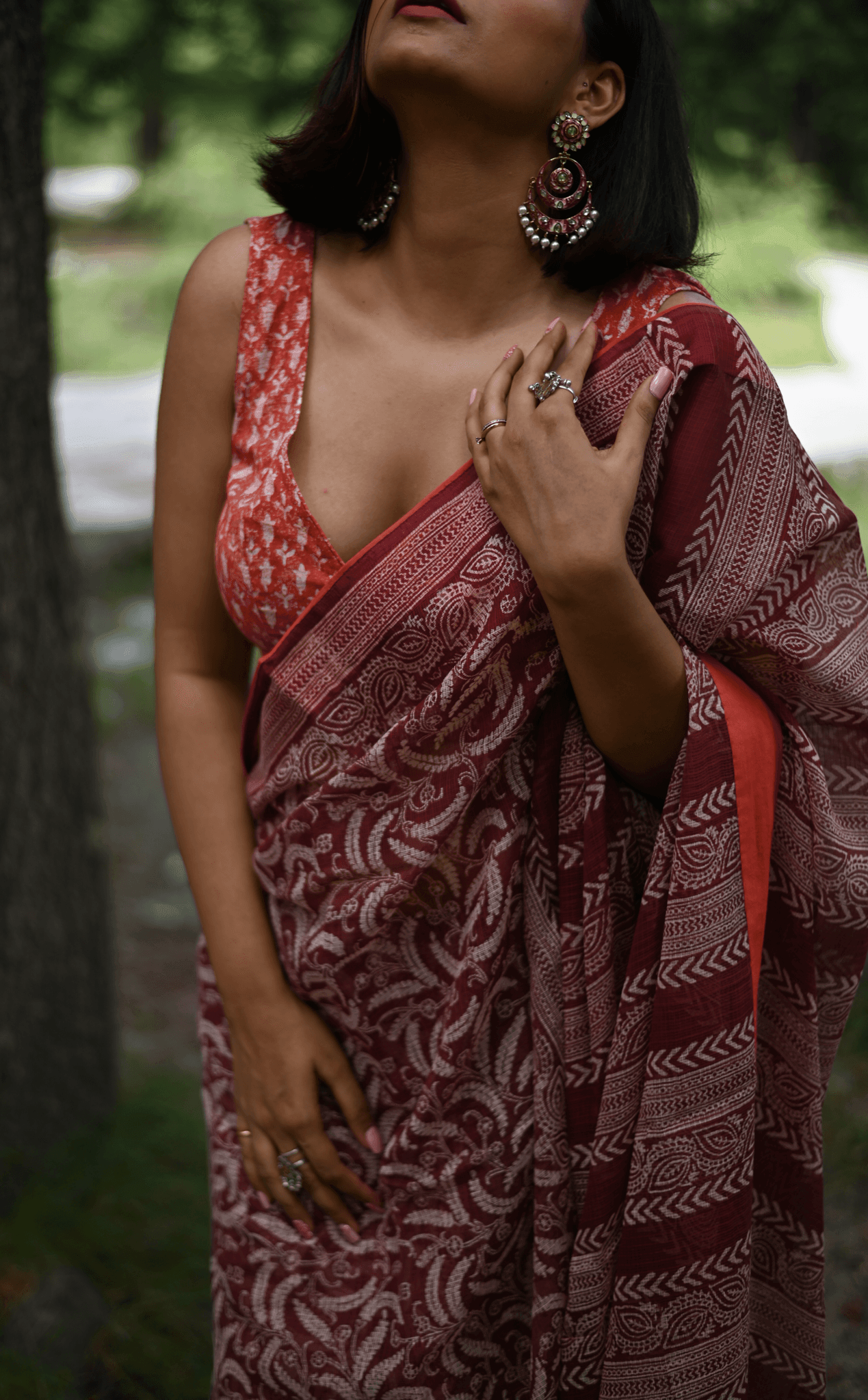 Maroon handprinted handwoven Kota doria saree - Mayin India 