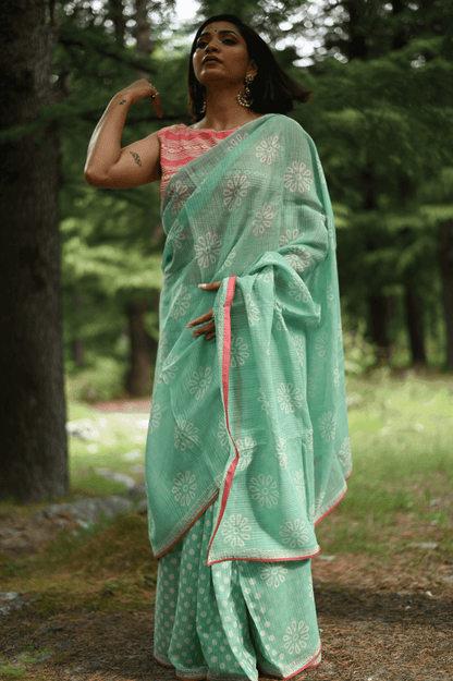 Sea Green handprinted handwoven Kota doria saree - Mayin India 