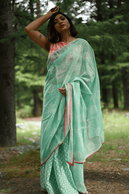 Sea Green handprinted handwoven Kota doria saree - Mayin India 