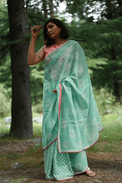 Sea Green handprinted handwoven Kota doria saree - Mayin India 