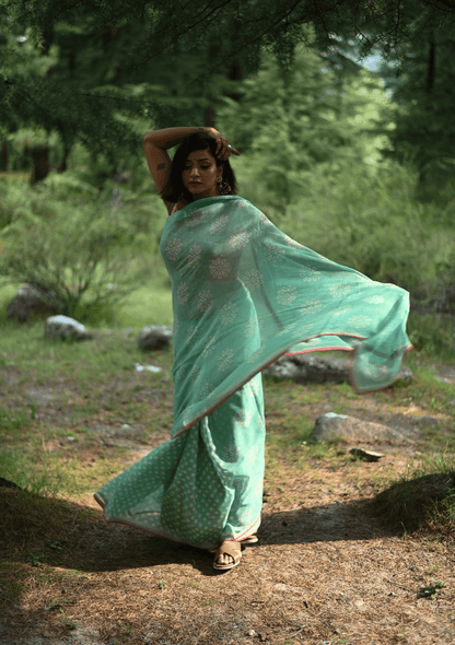 Sea Green handprinted handwoven Kota doria saree - Mayin India 