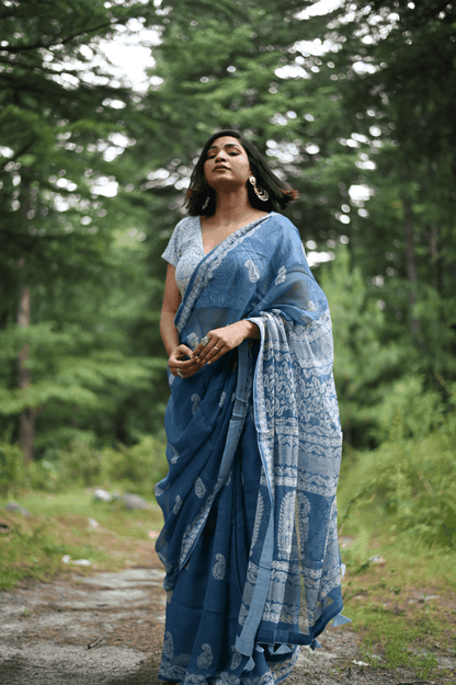 Indigo handprinted handwoven Kota doria saree - Mayin India 
