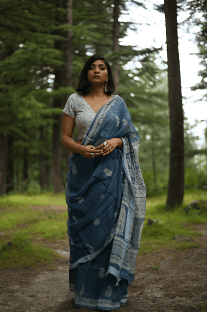 Indigo handprinted handwoven Kota doria saree - Mayin India 