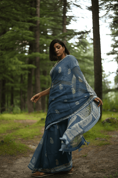 Indigo handprinted handwoven Kota doria saree - Mayin India 