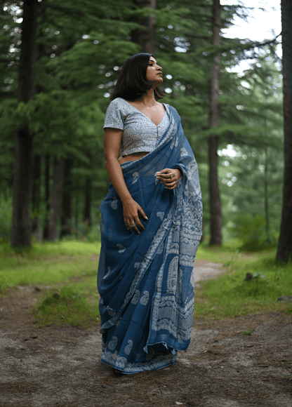 Indigo handprinted handwoven Kota doria saree - Mayin India 