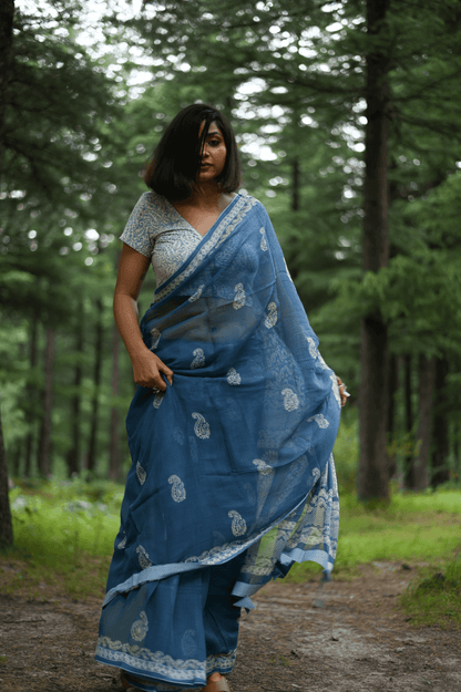 Indigo handprinted handwoven Kota doria saree - Mayin India 
