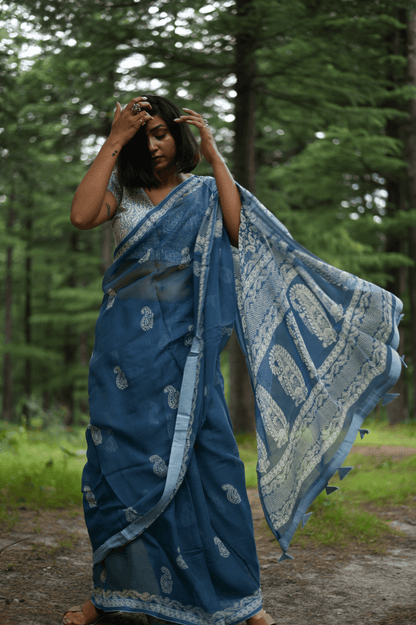 Indigo handprinted handwoven Kota doria saree - Mayin India 