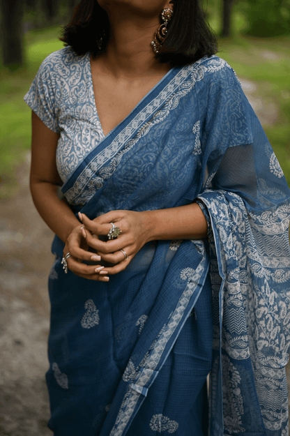 Indigo handprinted handwoven Kota doria saree - Mayin India 