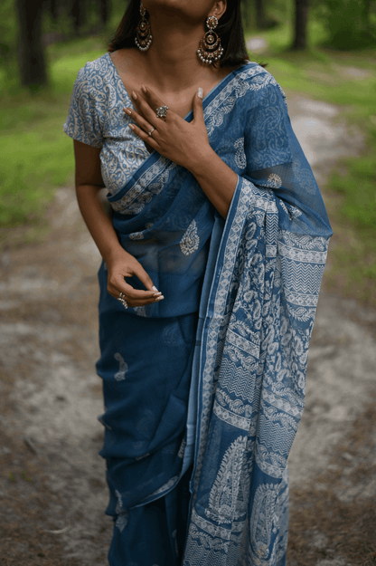 Indigo handprinted handwoven Kota doria saree - Mayin India 