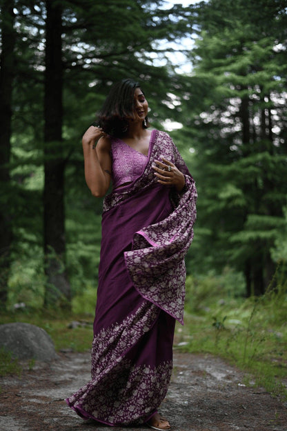 Amethyst handprinted handwoven Kota doria saree - Mayin India 