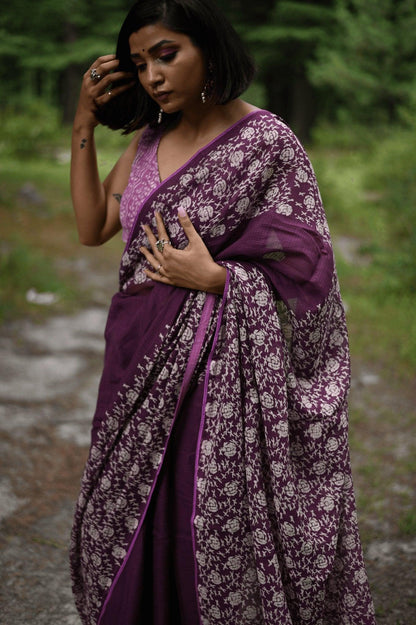 Amethyst handprinted handwoven Kota doria saree - Mayin India 