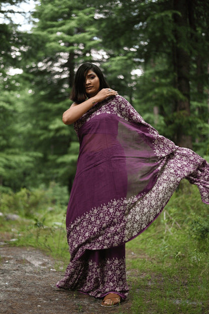 Amethyst handprinted handwoven Kota doria saree - Mayin India 