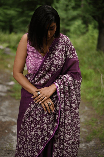 Amethyst handprinted handwoven Kota doria saree - Mayin India 