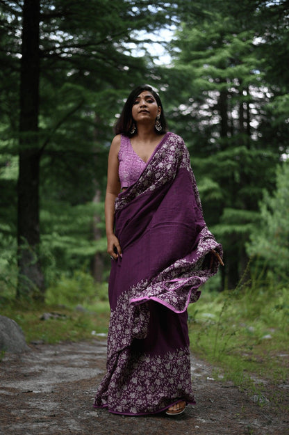 Amethyst handprinted handwoven Kota doria saree - Mayin India 