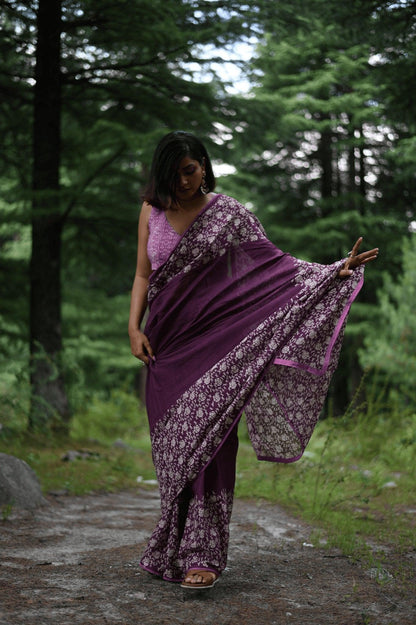 Amethyst handprinted handwoven Kota doria saree - Mayin India 