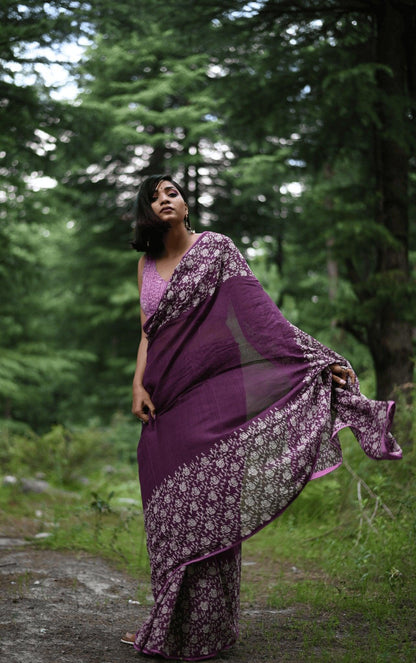 Amethyst handprinted handwoven Kota doria saree - Mayin India 