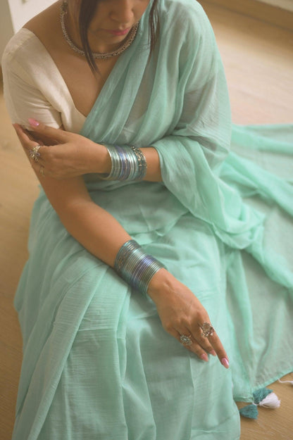 Aquamarine Mul Saree - Mayin India 