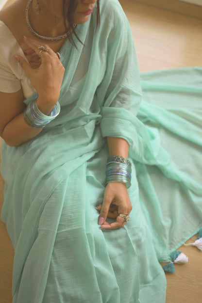 Aquamarine Mul Saree - Mayin India 