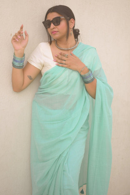 Aquamarine Mul Saree - Mayin India 