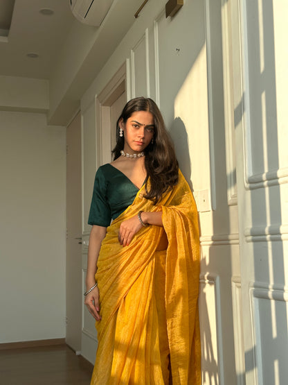 Mustard Handloom Linen Tissue Saree