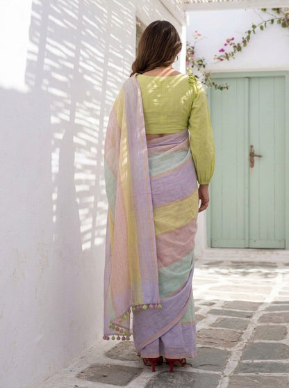 Daybreak - Multicolour Striped Pure Handloom Linen Saree