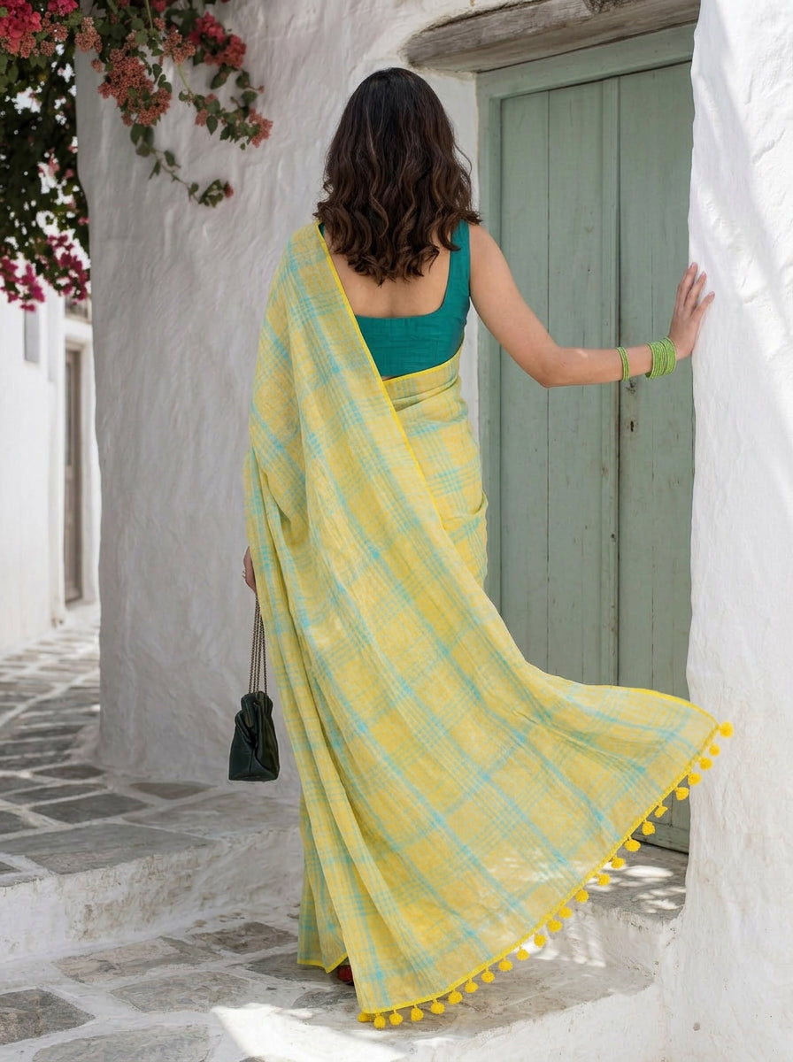 Out & About - Yellow Striped Pure Handloom Linen Saree
