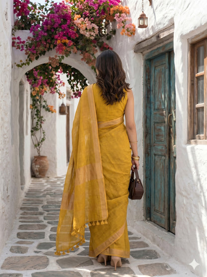 On Repeat - Yellow Handloom Linen Saree with Zari Border