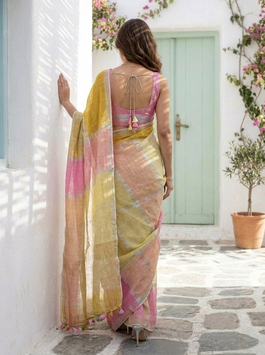 Checkmate - Multicolour Checked Pure Handloom Linen Saree