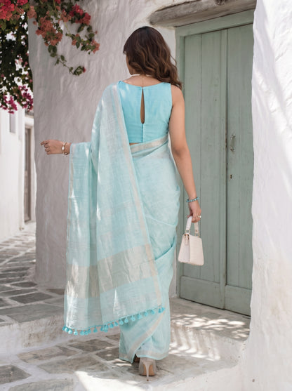 Clear Day - Turquoise Blue Pure Handloom Linen Saree with Zari border