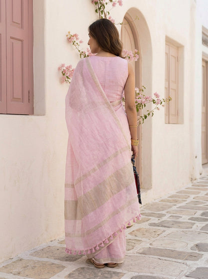 First Light - Powder Pink Pure Handloom Linen Saree with Zari border