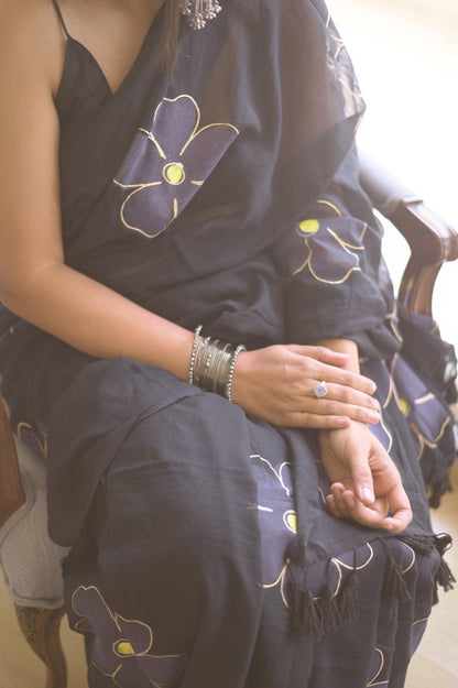 Black Cherry Blossom Mul Saree - Mayin India 