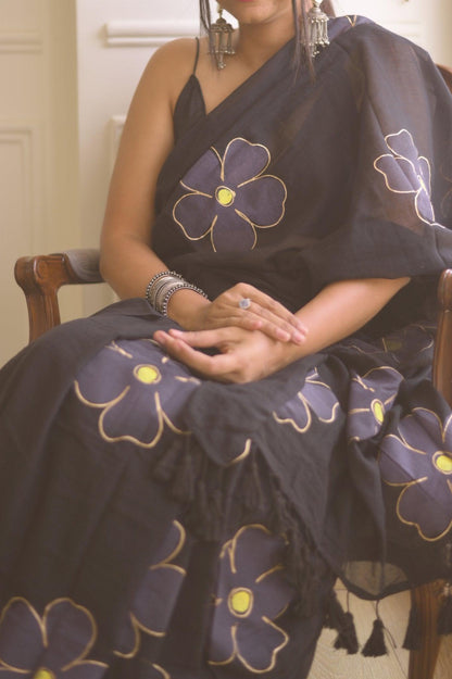 Black Cherry Blossom Mul Saree - Mayin India 