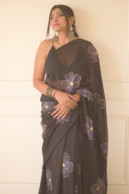 Black Cherry Blossom Mul Saree - Mayin India 