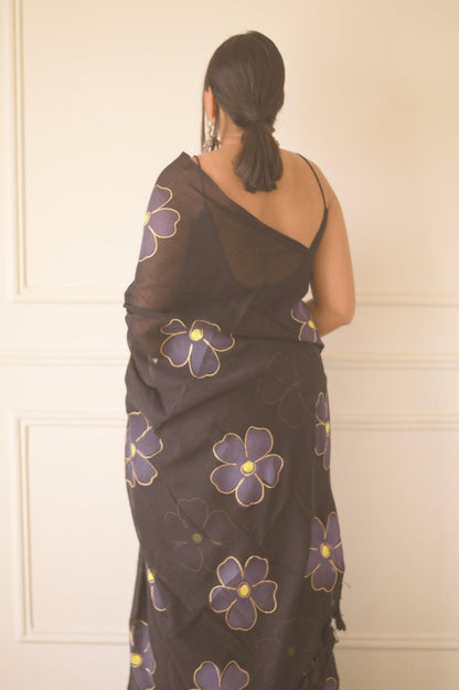 Black Cherry Blossom Mul Saree - Mayin India 
