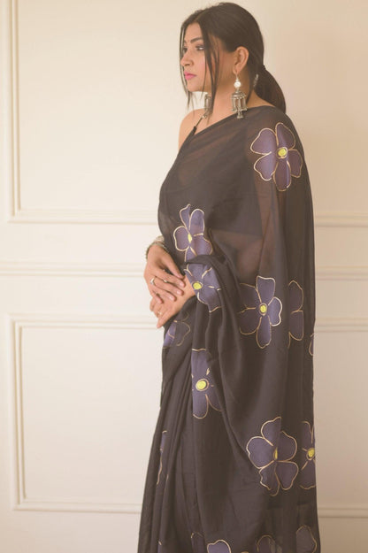 Black Cherry Blossom Mul Saree - Mayin India 