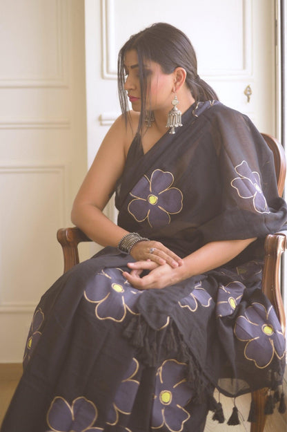 Black Cherry Blossom Mul Saree - Mayin India 