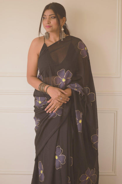 Black Cherry Blossom Mul Saree - Mayin India 