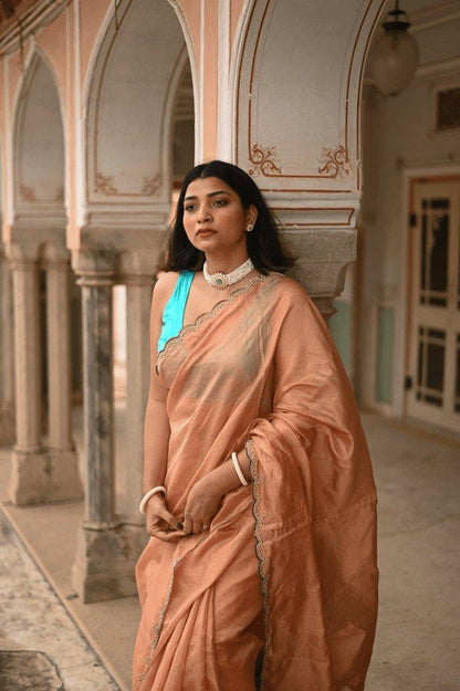 Citrine Turquoise Handembroidered Saree - Mayin India 