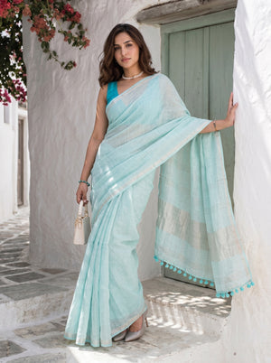 Clear Day - Turquoise Blue Pure Handloom Linen Saree with Zari border