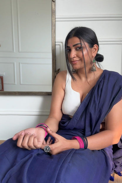 Cobalt Crumble Mul Saree - Mayin India 