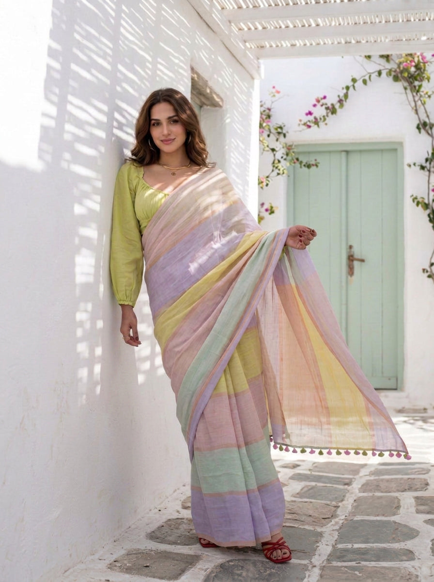 Daybreak - Multicolour Striped Pure Handloom Linen Saree