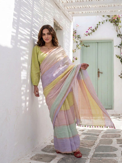 Daybreak - Multicolour Striped Pure Handloom Linen Saree