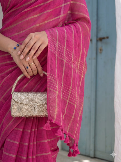Statement - Pink Striped Pure Handloom Linen Saree with Zari Border