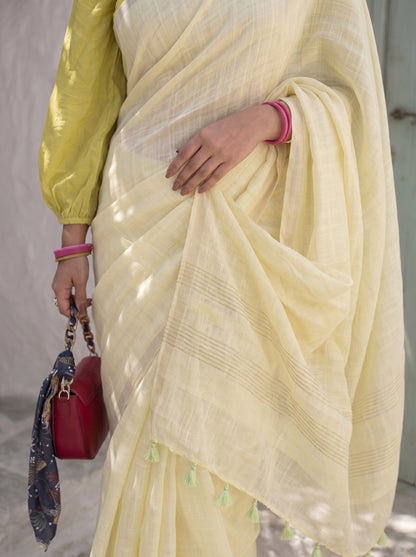 Buttercream - Yellow Pure Handloom Linen Saree with Zari border