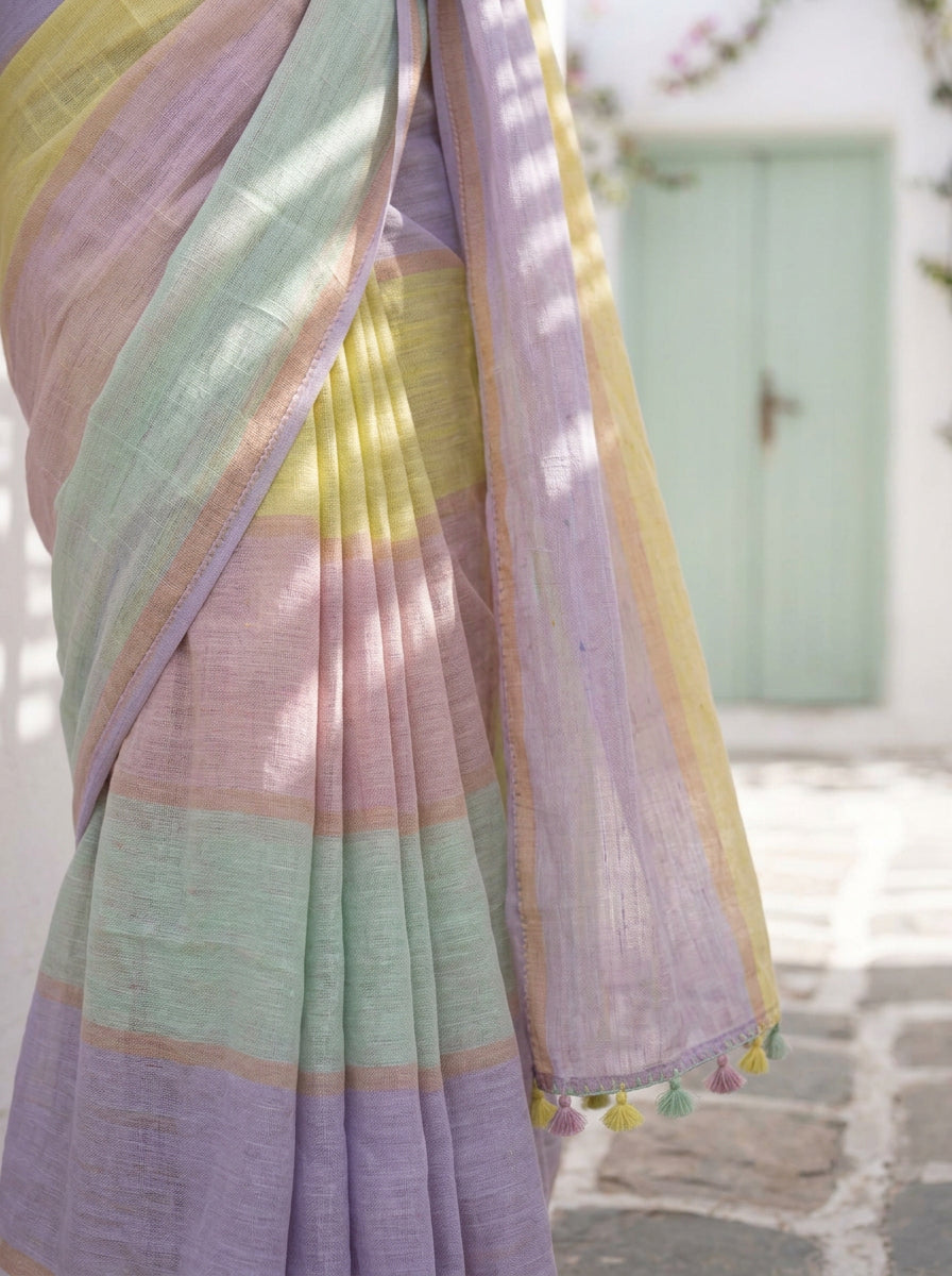 Daybreak - Multicolour Striped Pure Handloom Linen Saree