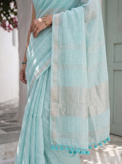 Clear Day - Turquoise Blue Pure Handloom Linen Saree with Zari border